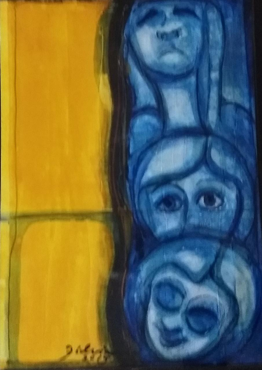 Pintura com figuras azuis e fundo amarelo